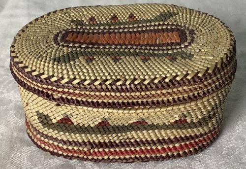 Woven Basket with Lid, "canoe" motifs