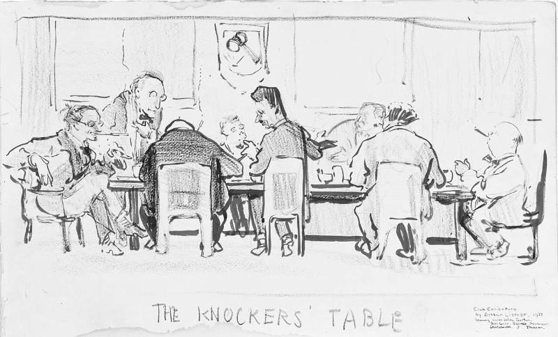 The Knocker's Table (R); Untitled (sketch of figure with violin) (V)