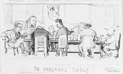 The Knocker's Table (R); Untitled (sketch of figure with violin) (V)