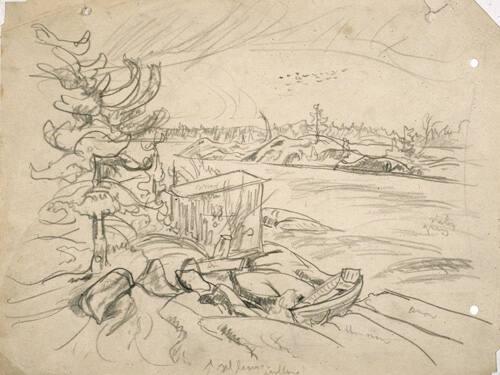 Untitled (shack, boat by river)