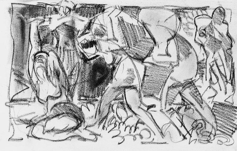 Untitled (figures carrying bags)