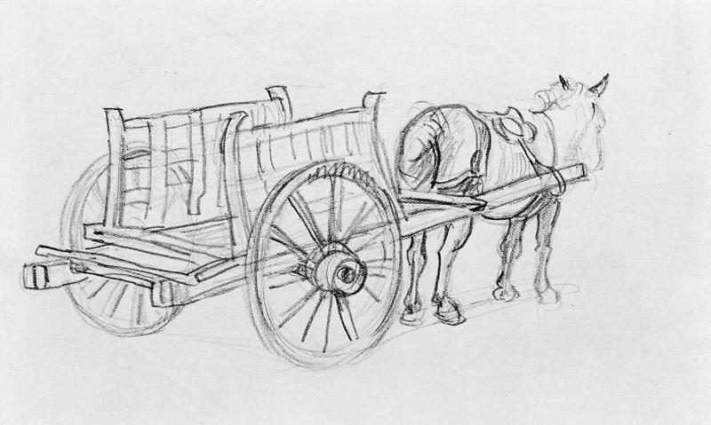Study of Horse and Cart (R); Untitled (study of animals, figure, cart) (V)